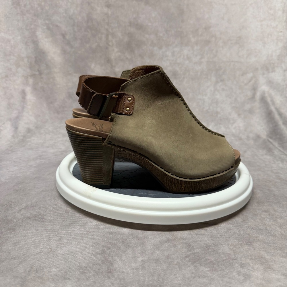 Dansko Peep Toe Clog Women 39 Olive Brown Leather Slingback Platform Heel Sandal